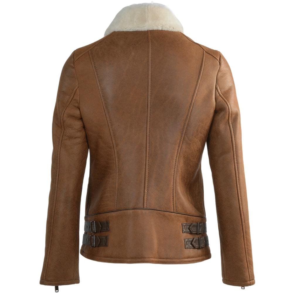 Women's Tan Leather Aviator Jacket, Sheepskin Shearling Bomber Coat, Faux Fur Collar - Timber AND Hide