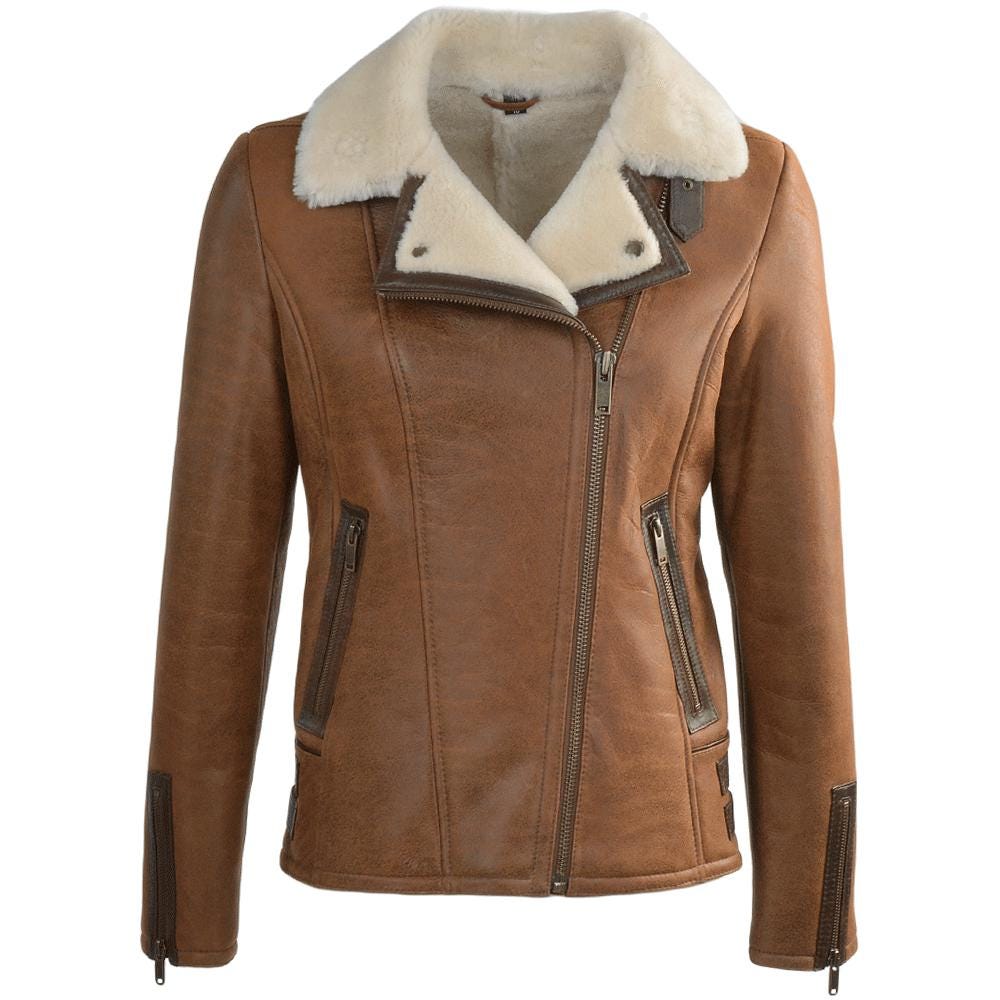 Women's Tan Leather Aviator Jacket, Sheepskin Shearling Bomber Coat, Faux Fur Collar - Timber AND Hide