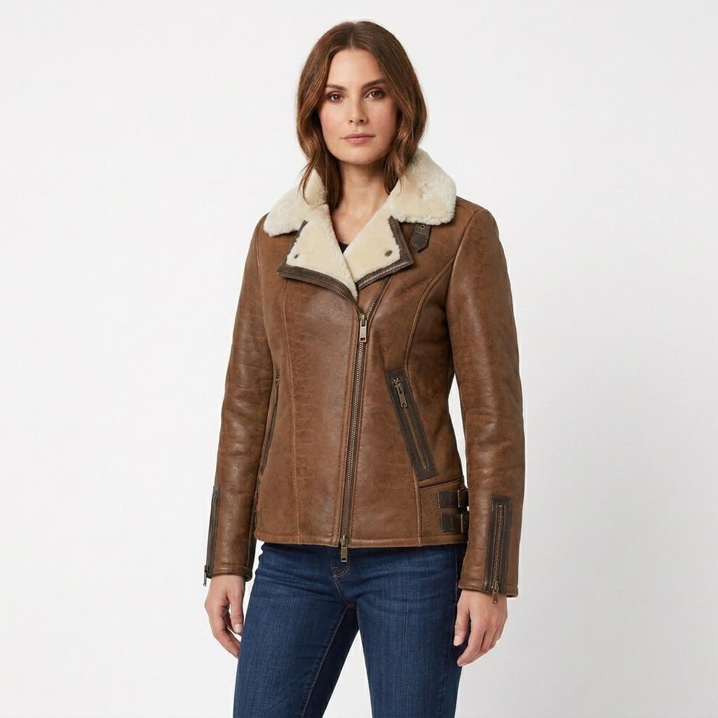 Women's Tan Leather Aviator Jacket, Sheepskin Shearling Bomber Coat, Faux Fur Collar - Timber AND Hide