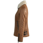 Women's Tan Leather Aviator Jacket, Sheepskin Shearling Bomber Coat, Faux Fur Collar - Timber AND Hide
